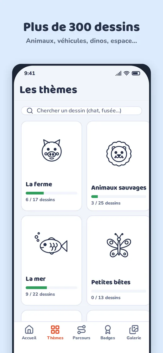 Les thèmes de dessins : la ferme, les animaux sauvages, la mer, les petites bêtes